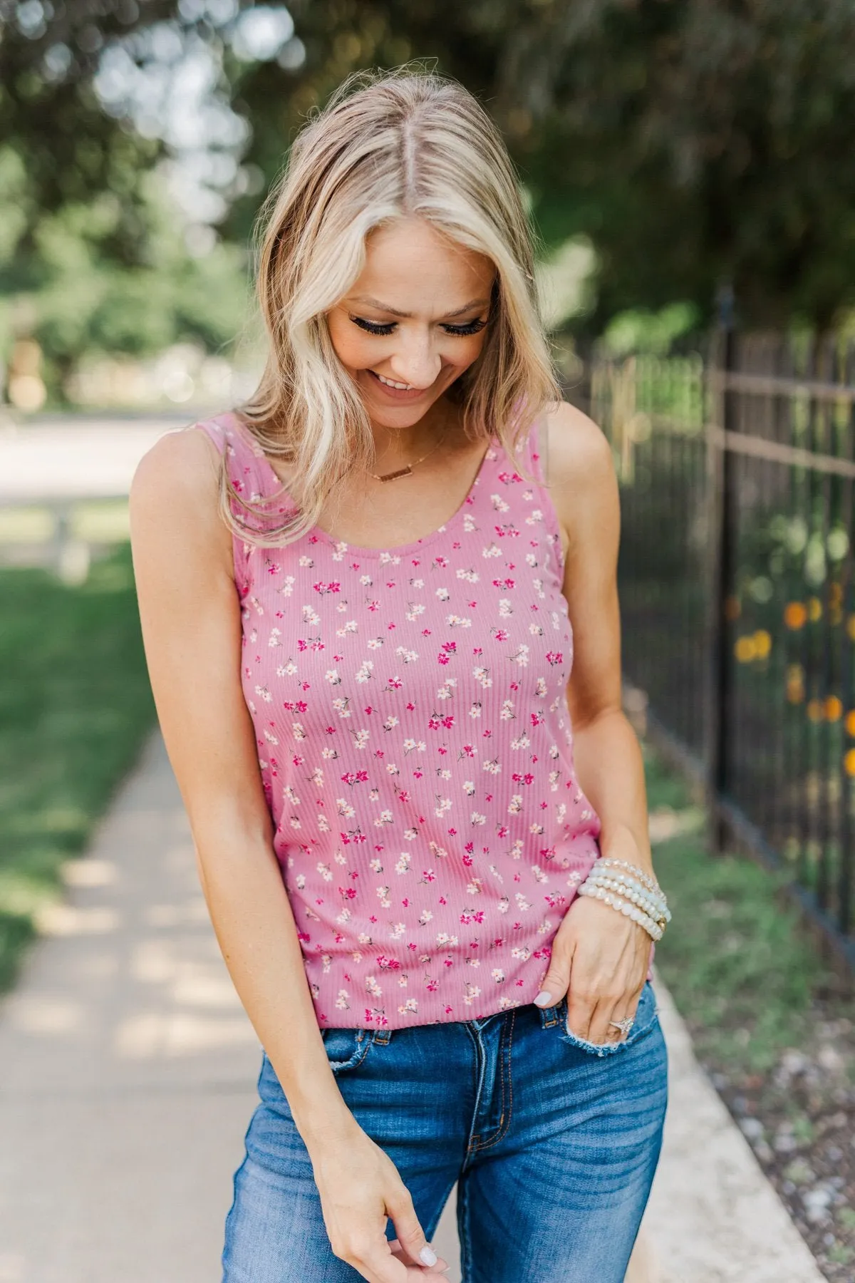 Pink Knit Tank Top with Flower Pattern