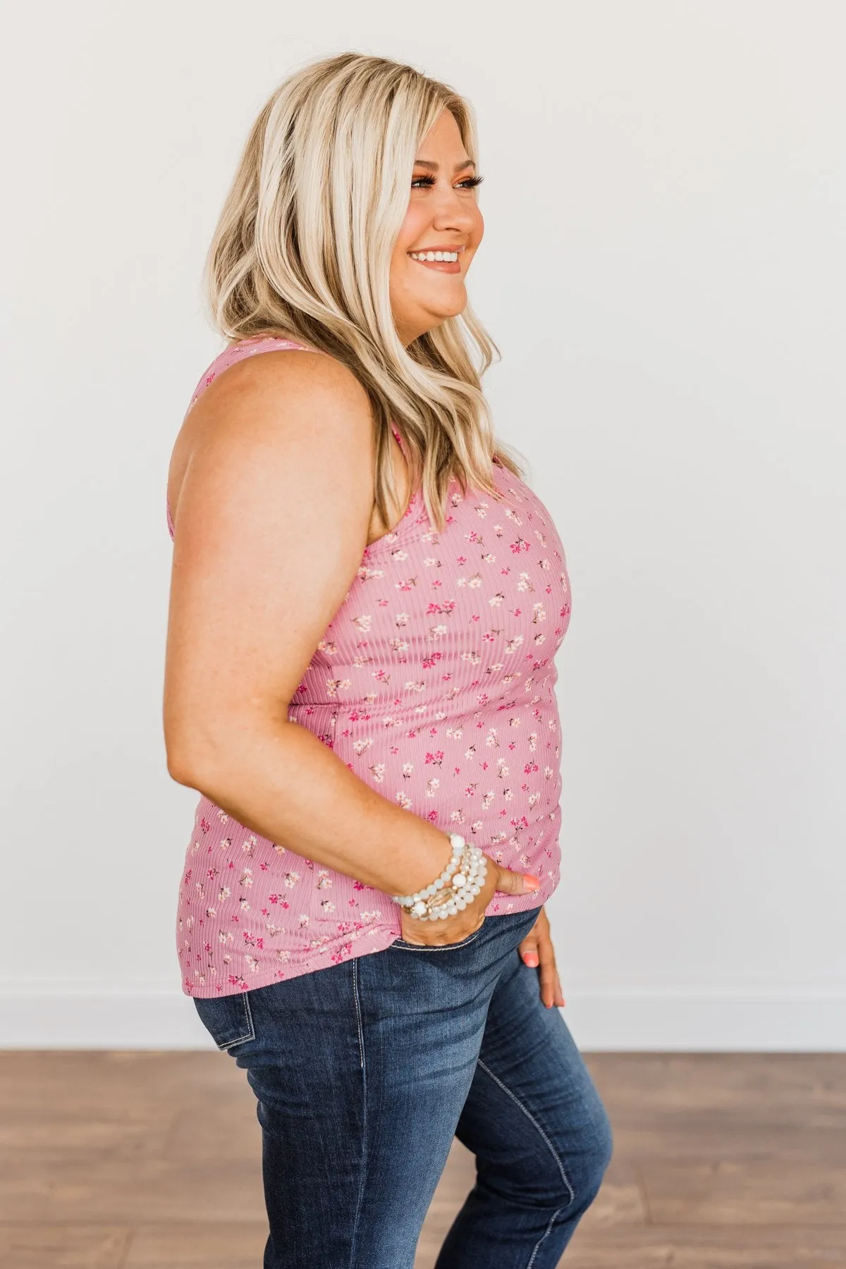 Pink Knit Tank Top with Flower Pattern