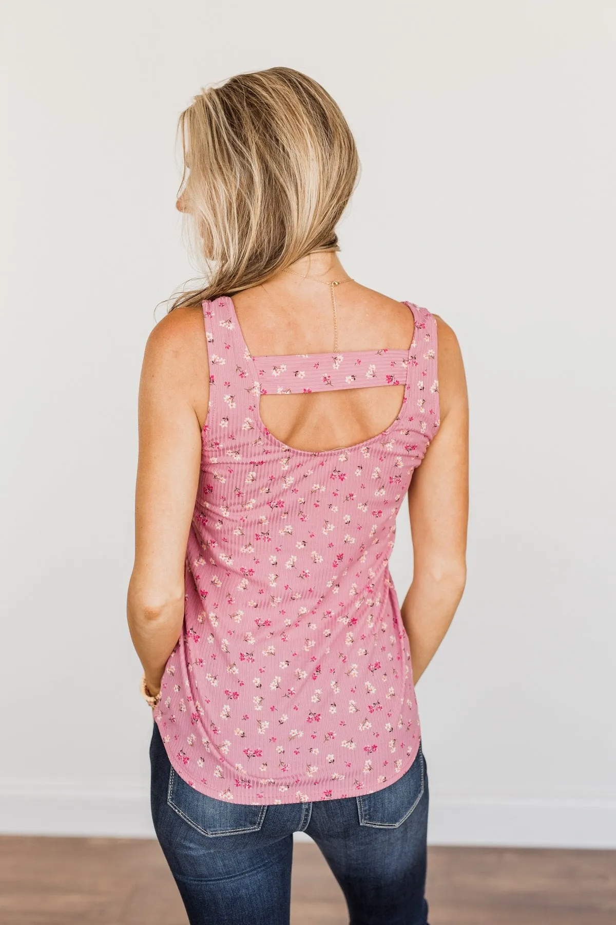 Pink Knit Tank Top with Flower Pattern