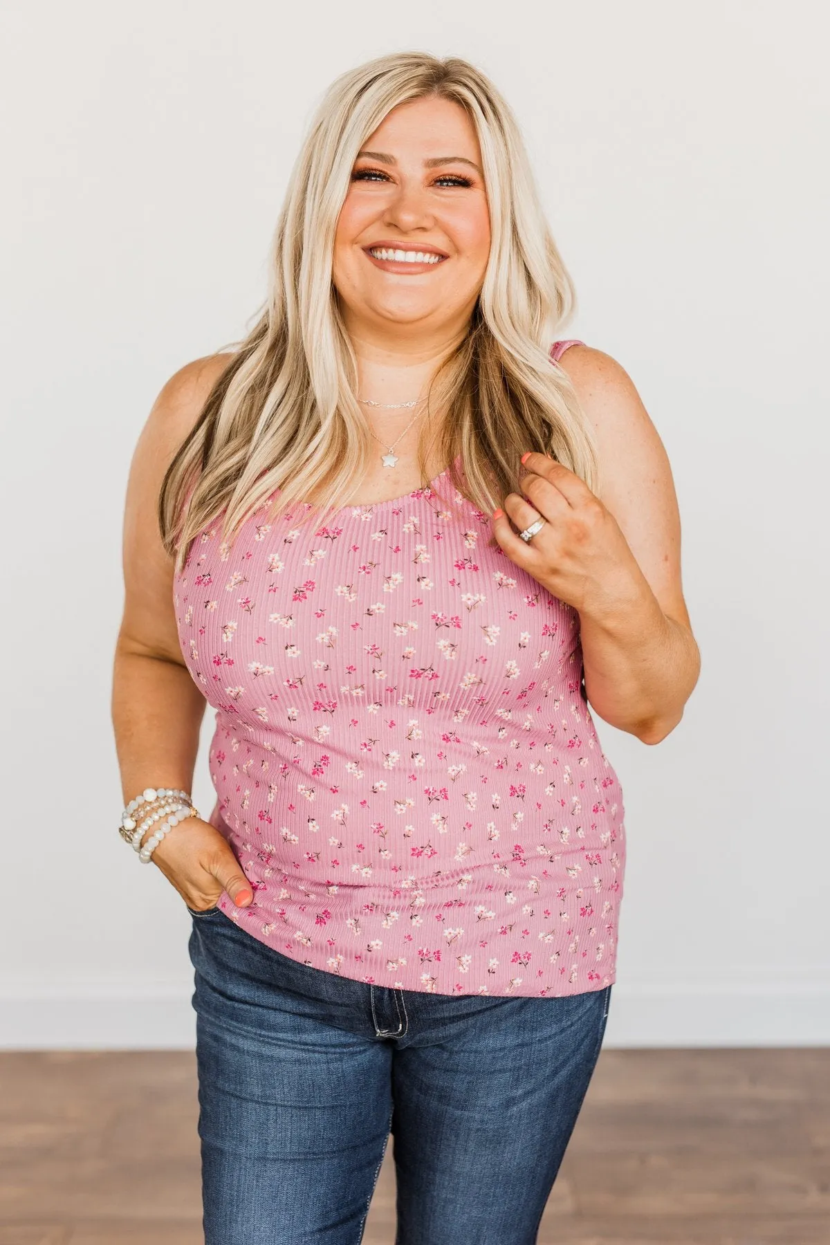 Pink Knit Tank Top with Flower Pattern