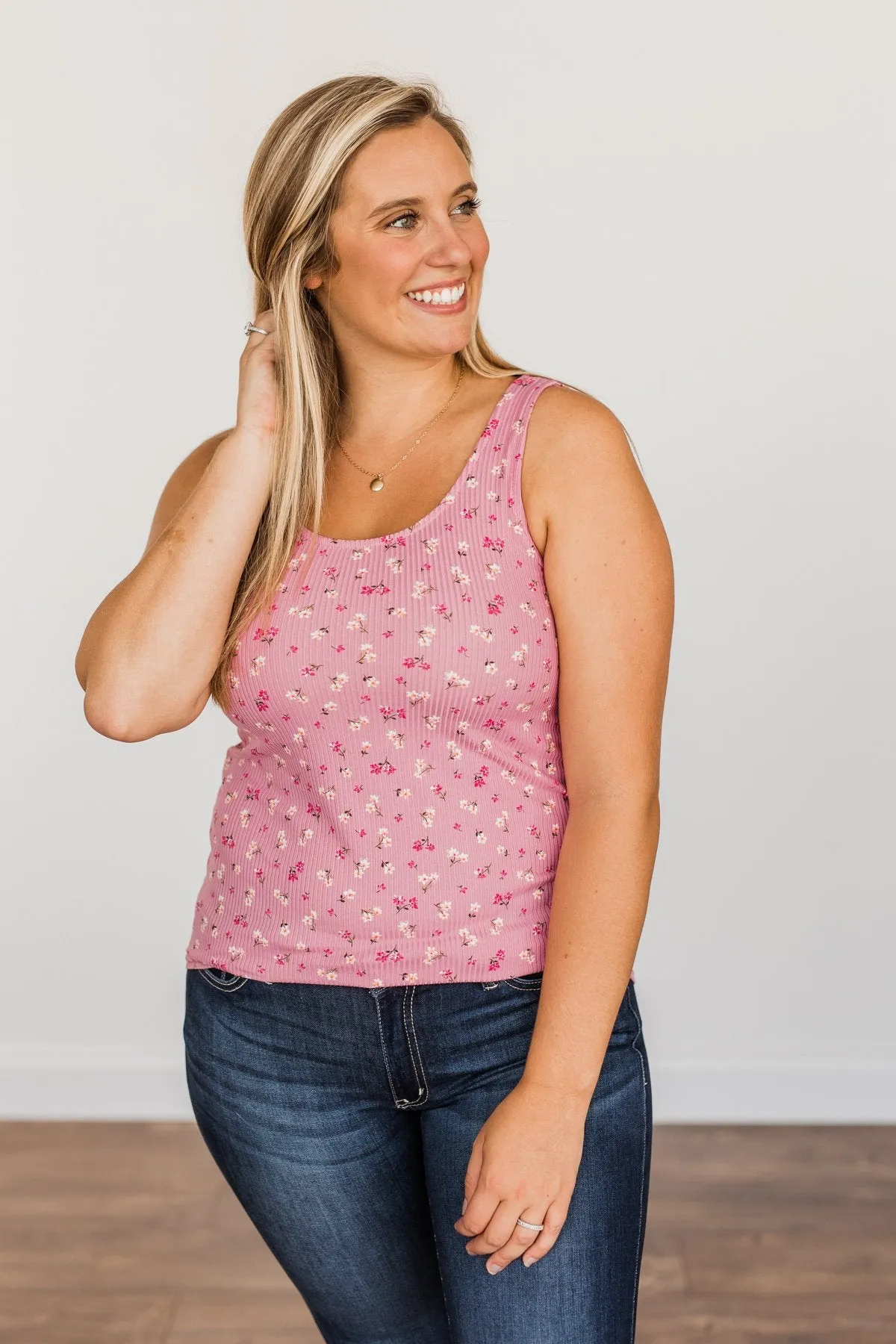 Pink Knit Tank Top with Flower Pattern