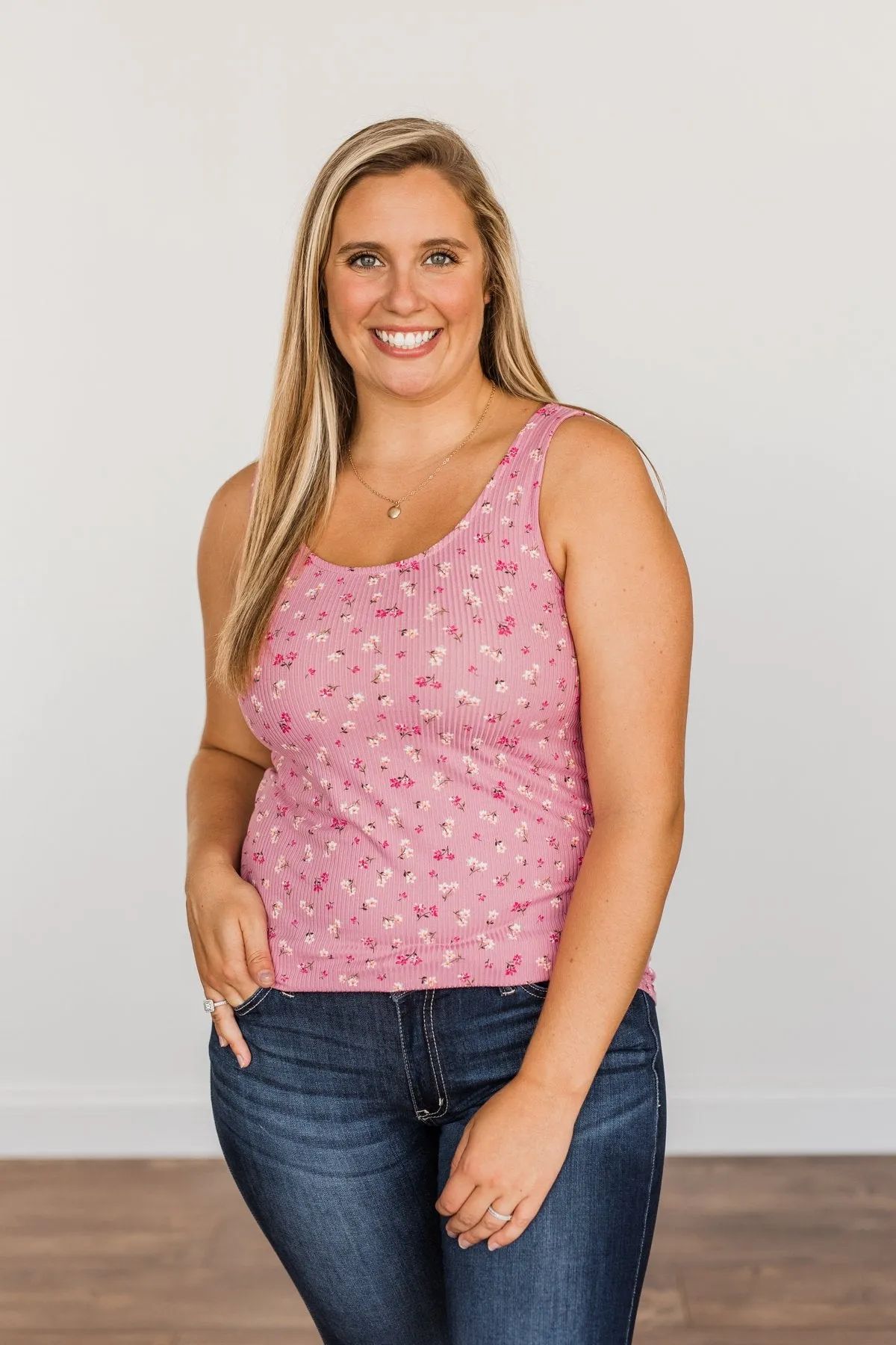 Pink Knit Tank Top with Flower Pattern