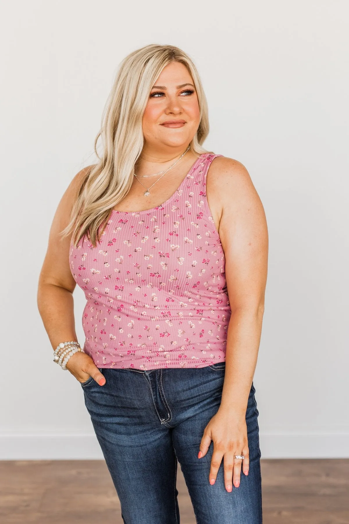 Pink Knit Tank Top with Flower Pattern