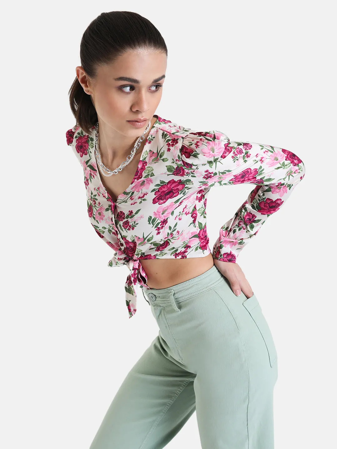 Printed Full Sleeve Cropped Shirt With Knot