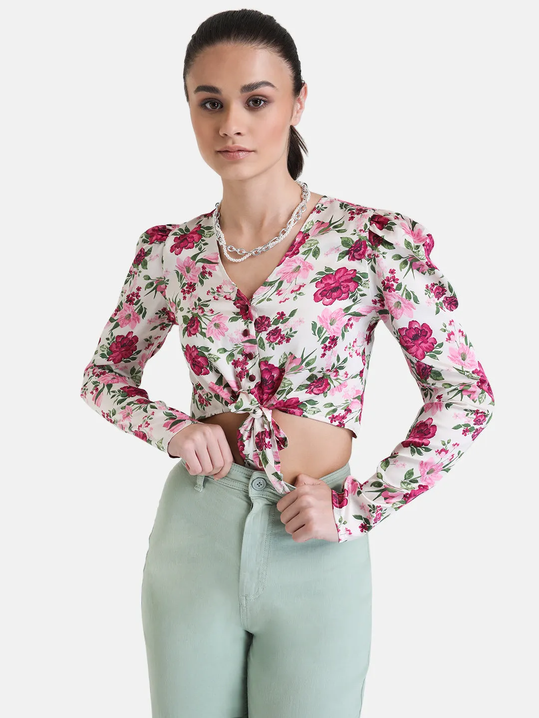 Printed Full Sleeve Cropped Shirt With Knot