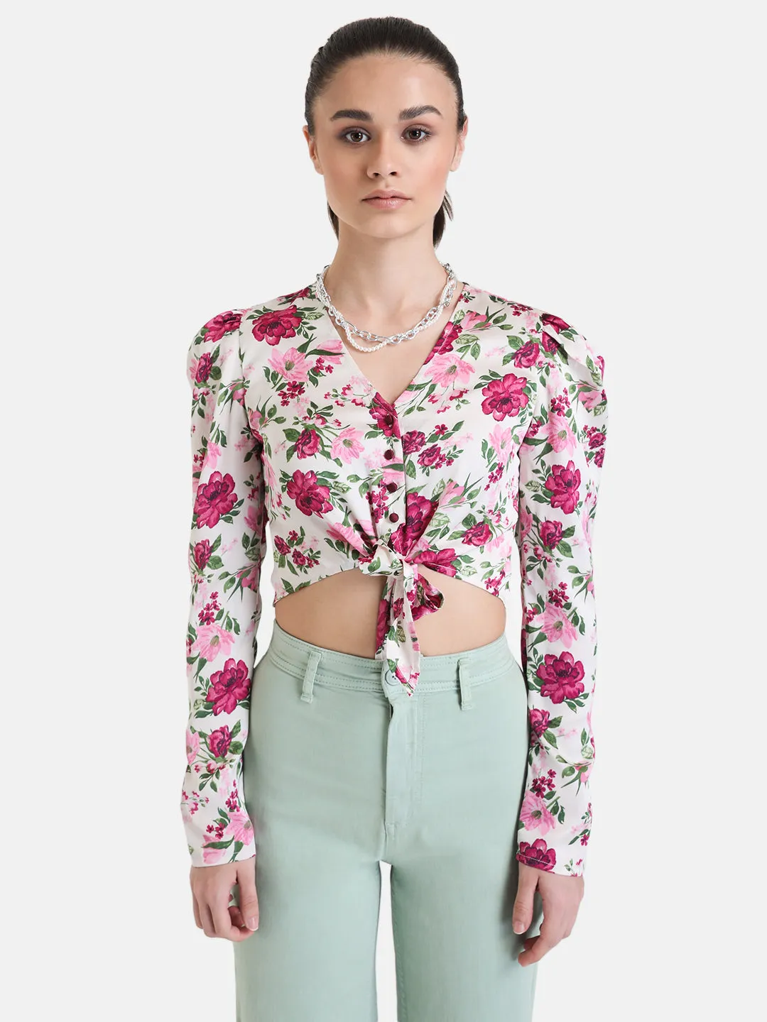 Printed Full Sleeve Cropped Shirt With Knot