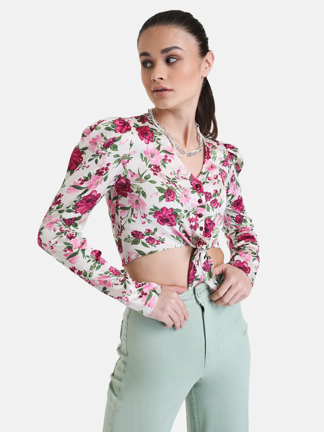 Printed Full Sleeve Cropped Shirt With Knot