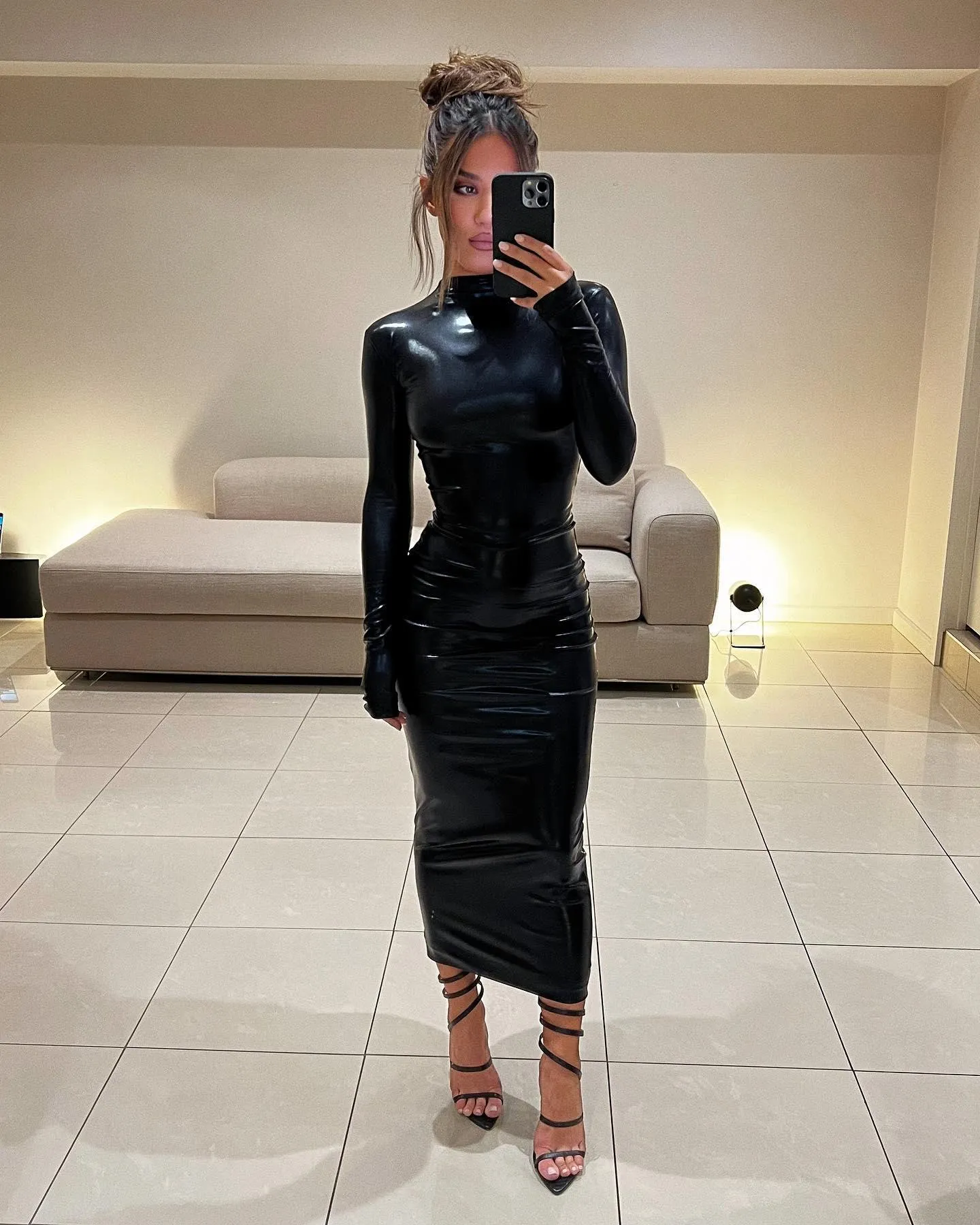 Gia Midi Dress in Black Wetlook - Shop Now