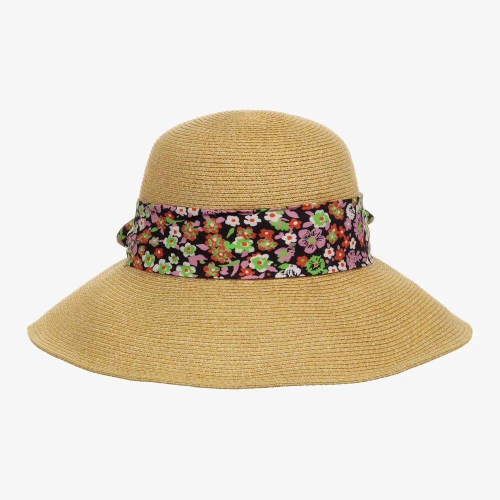 Girls Beige Floral Straw Hat