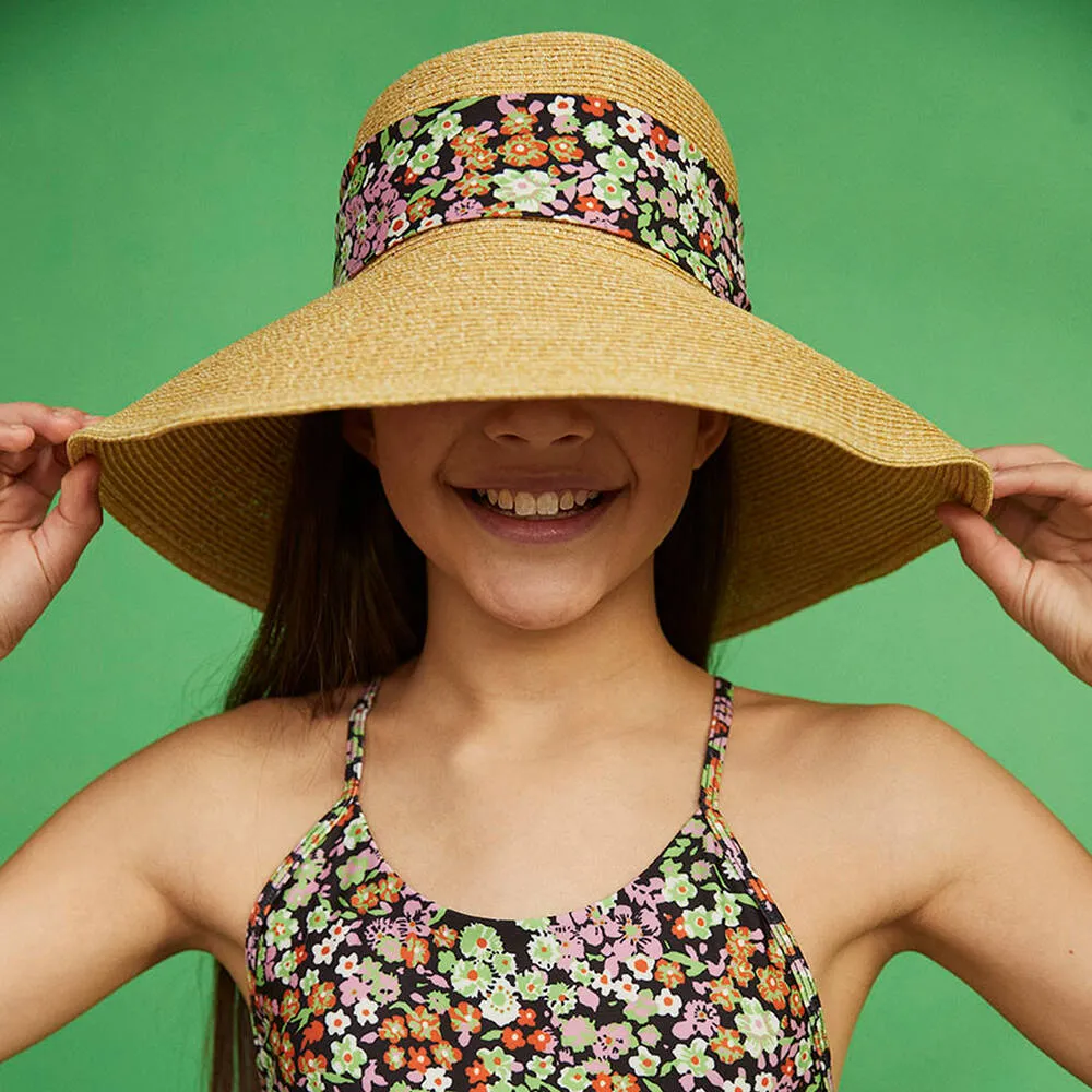 Girls Beige Floral Straw Hat