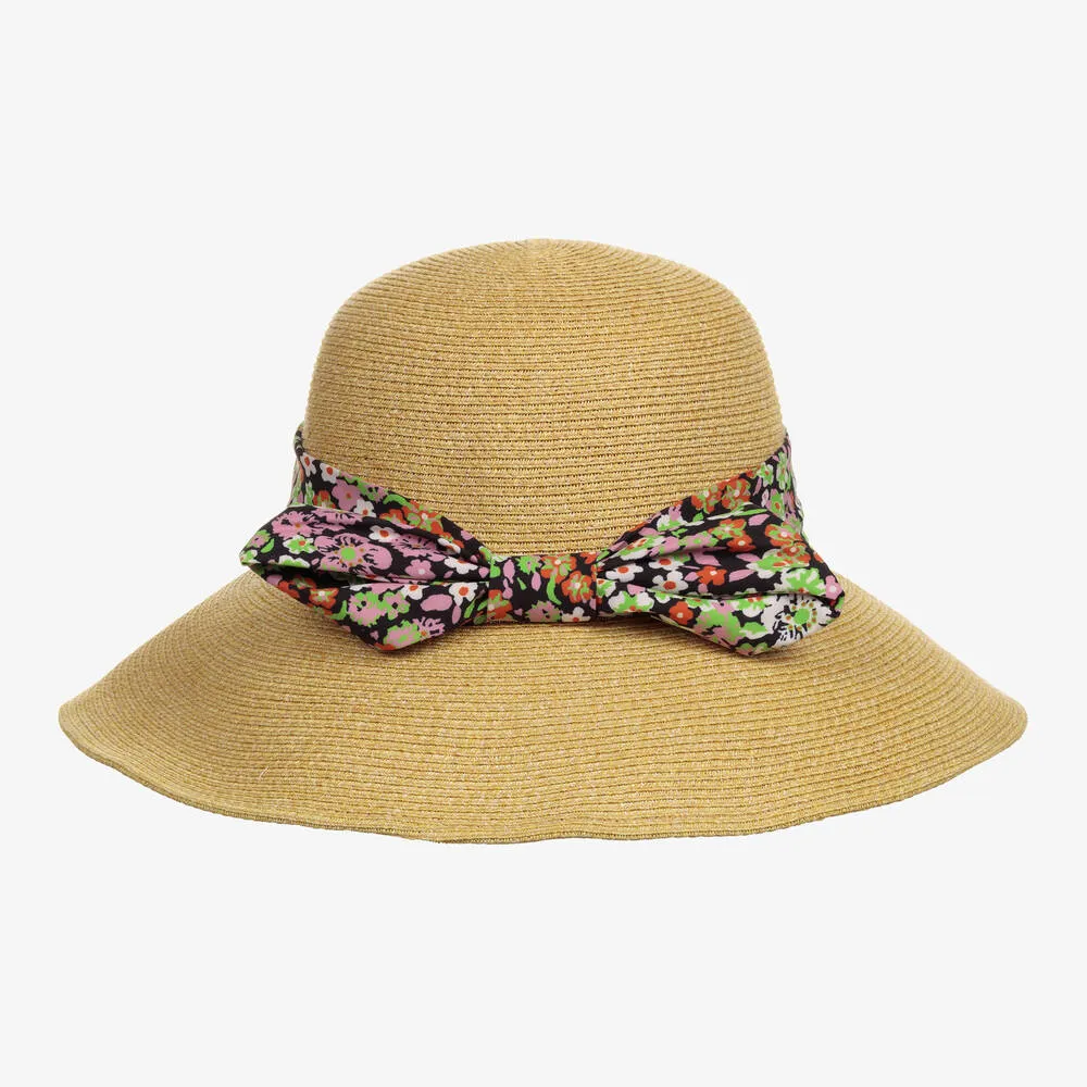 Girls Beige Floral Straw Hat