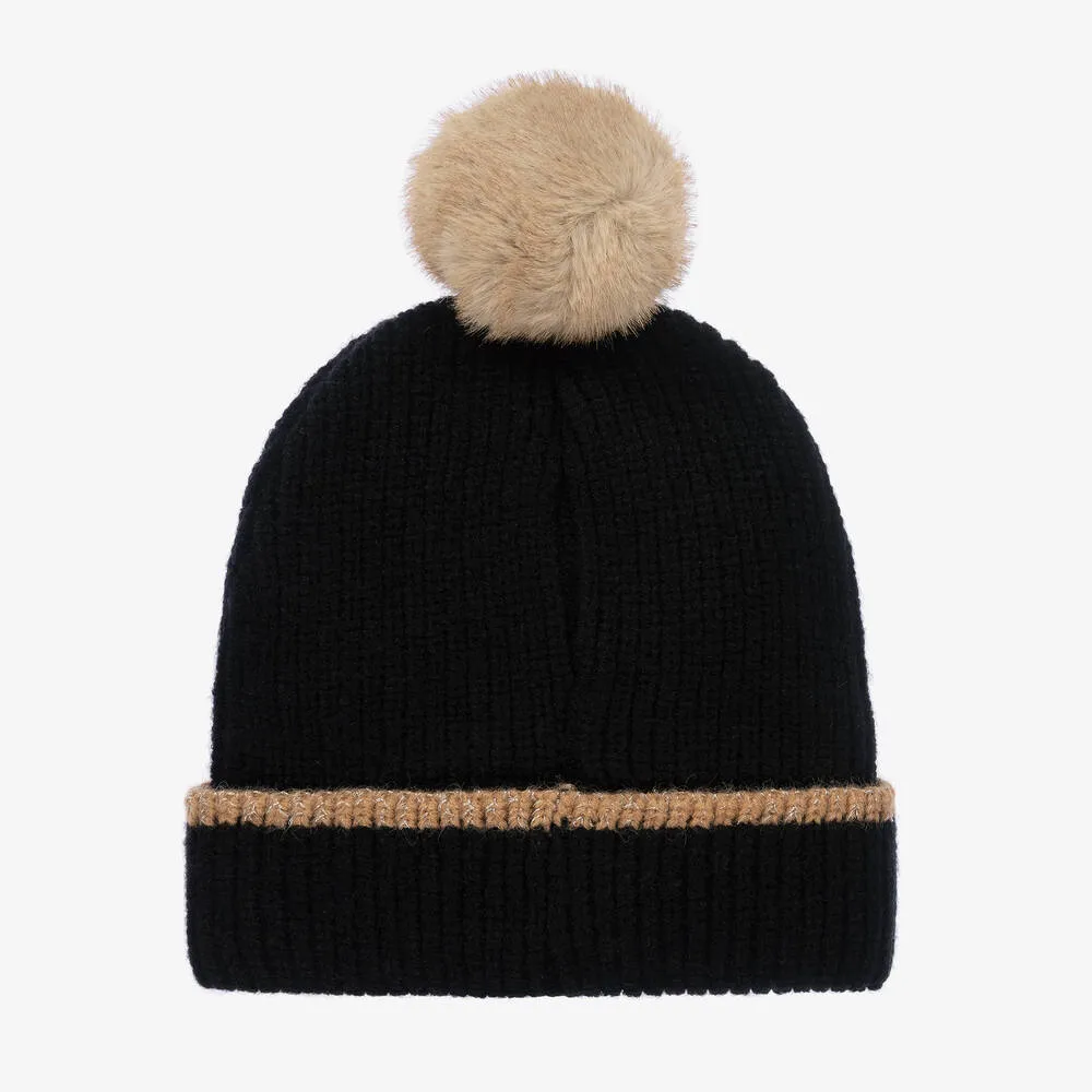 Girls Black Knitted Bobble Hat