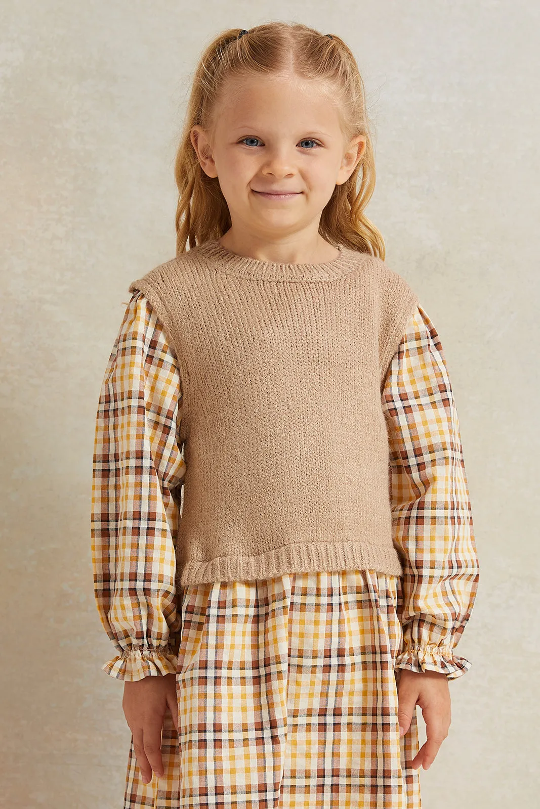 Girls Brown Checkered Dress With Rib Yoke