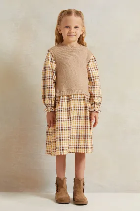 Girls Brown Checkered Dress With Rib Yoke