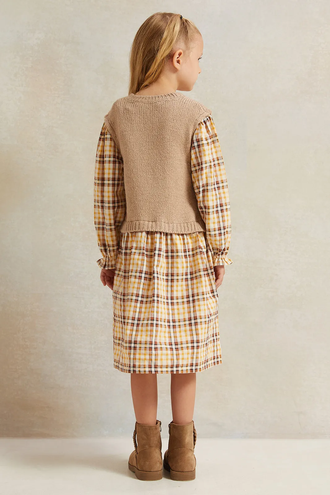 Girls Brown Checkered Dress With Rib Yoke