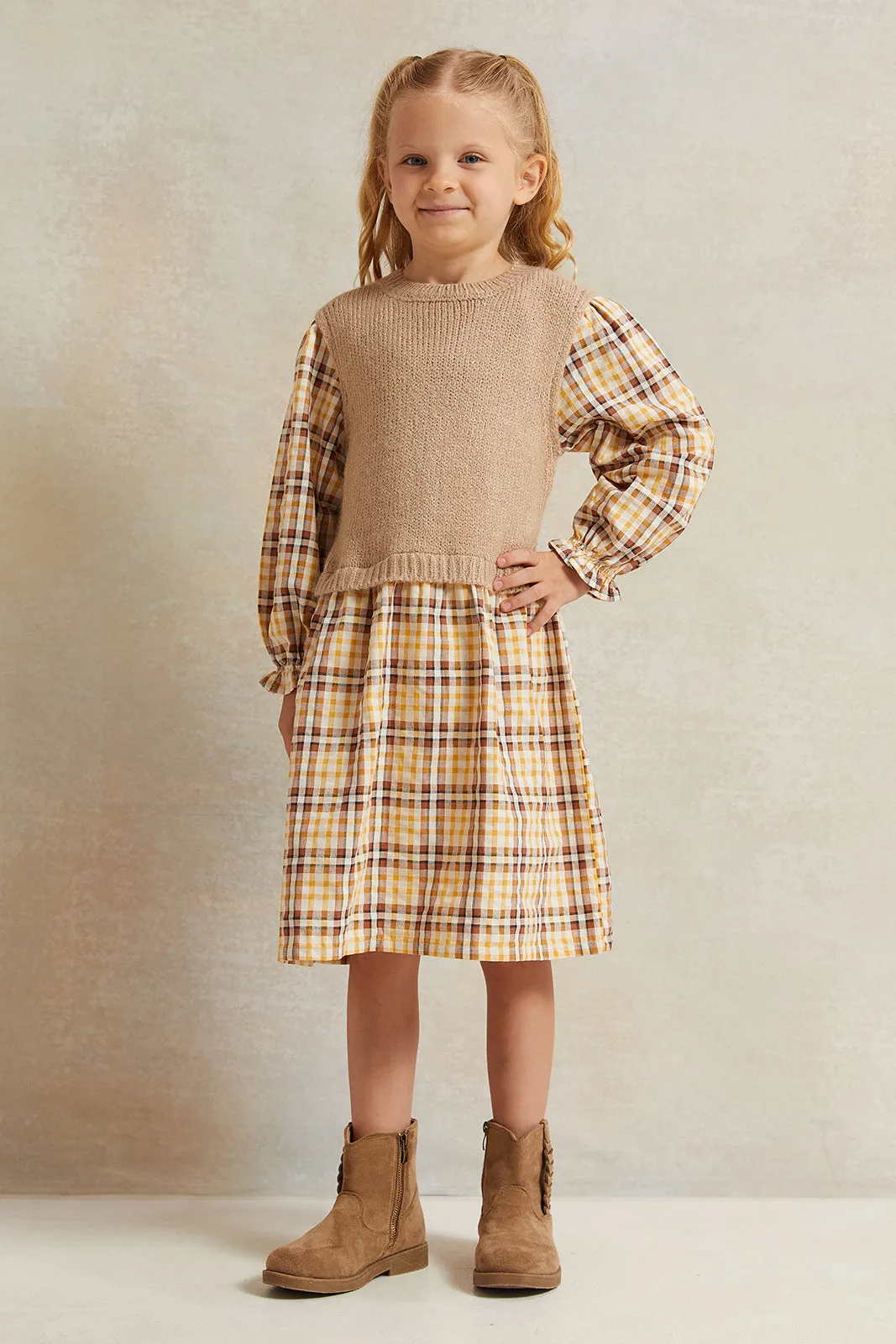 Girls Brown Checkered Dress With Rib Yoke