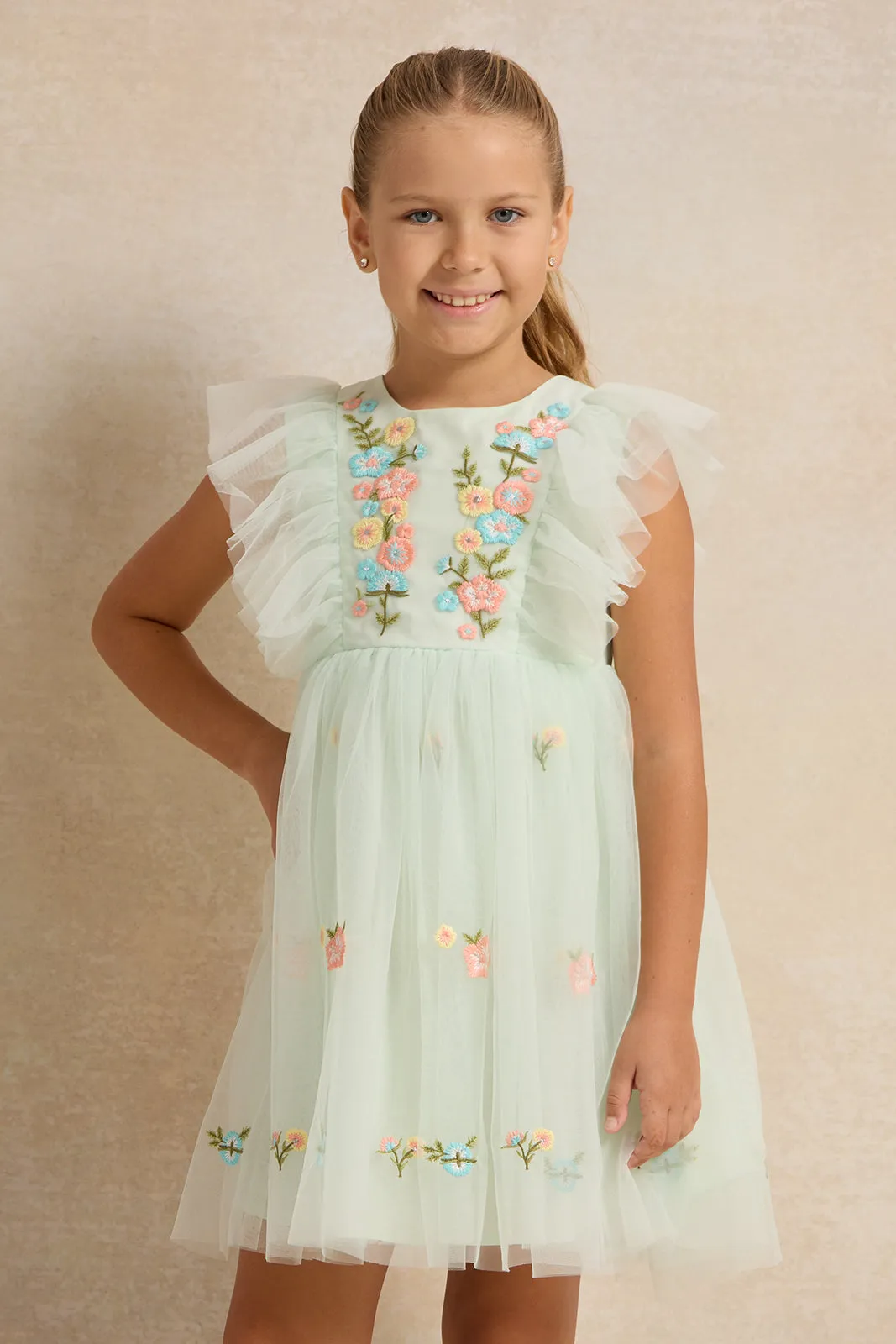 Girls Green Embroidered Mesh Dress