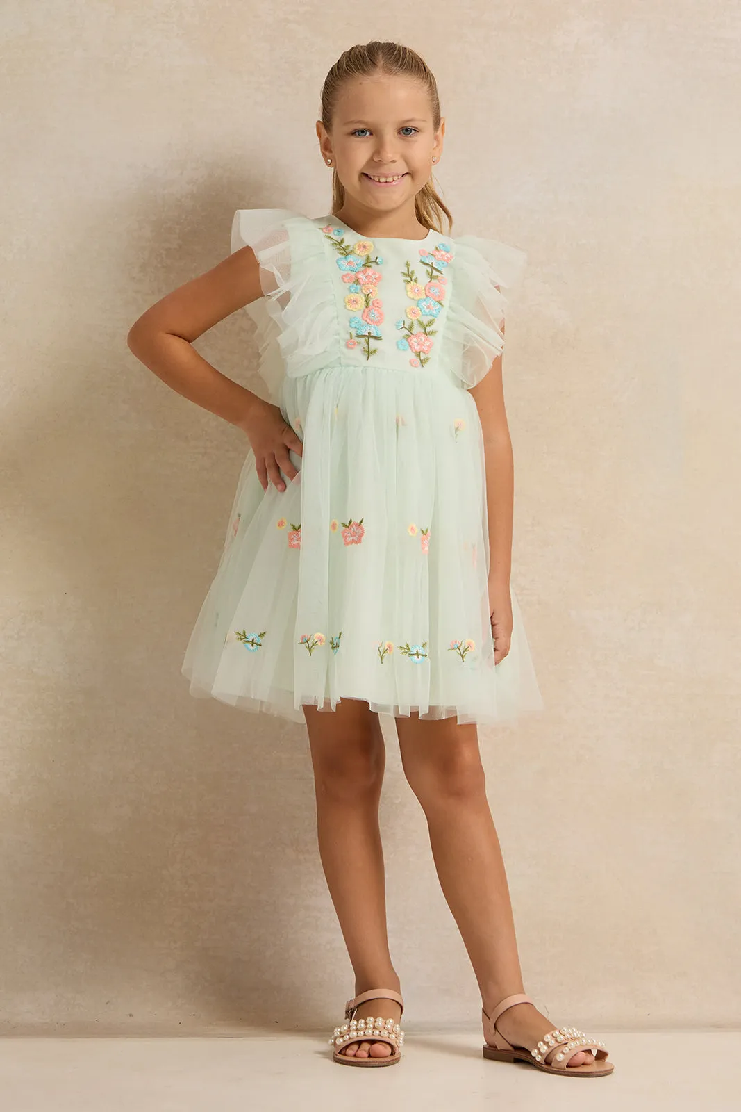 Girls Green Embroidered Mesh Dress