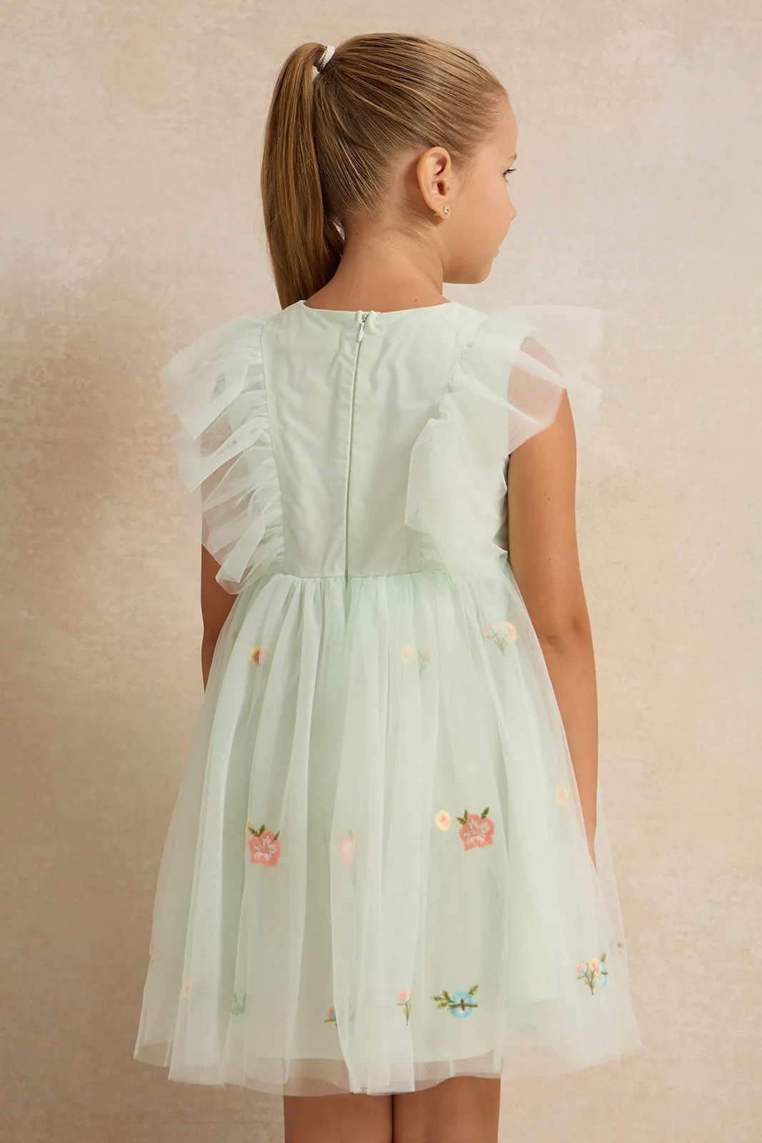 Girls Green Embroidered Mesh Dress