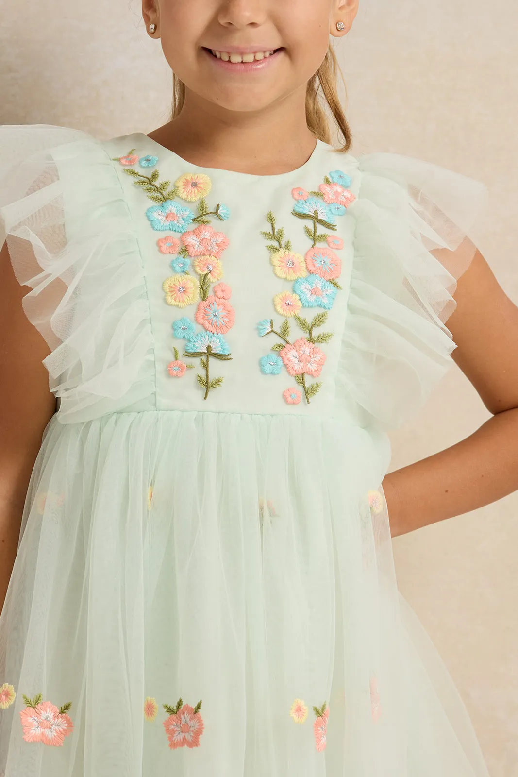 Girls Green Embroidered Mesh Dress