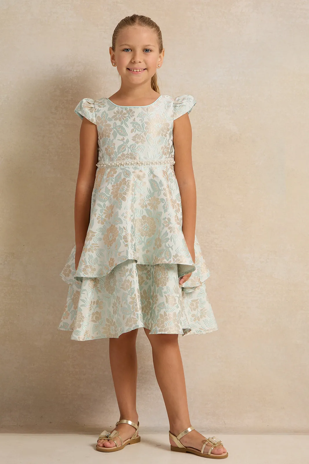 Girls Green Floral Jacquard Layered Dress