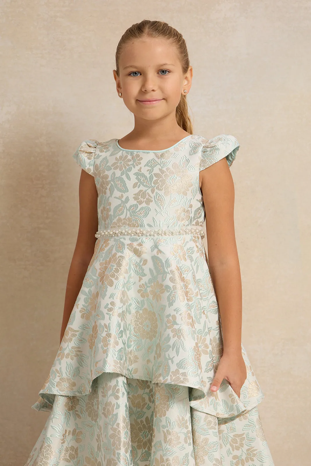 Girls Green Floral Jacquard Layered Dress