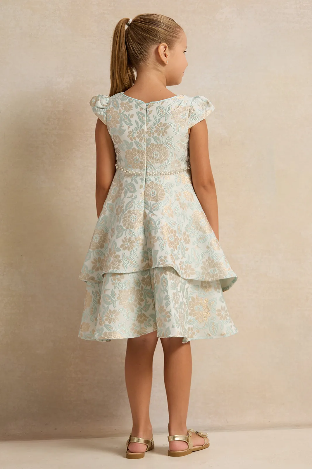 Girls Green Floral Jacquard Layered Dress