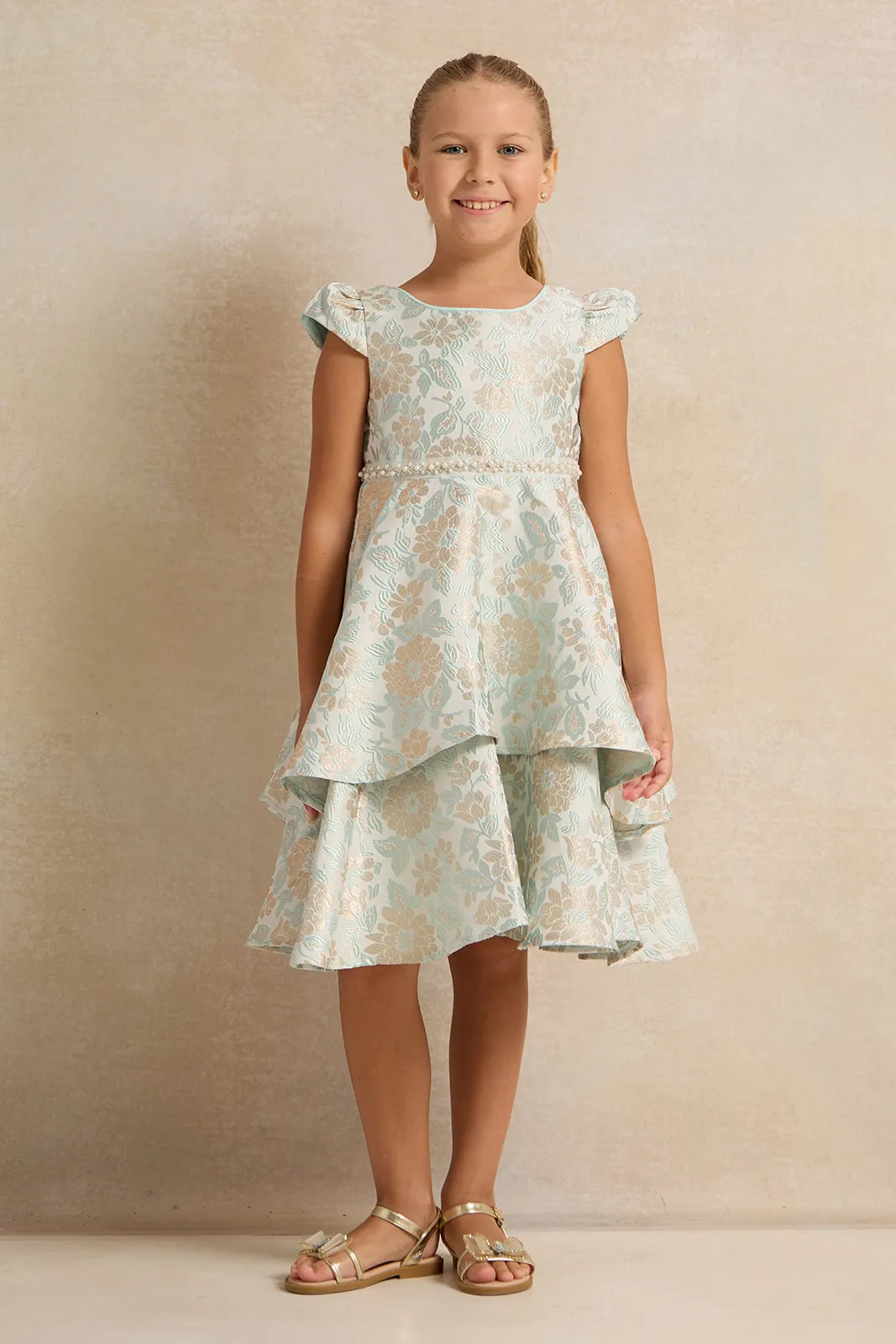 Girls Green Floral Jacquard Layered Dress