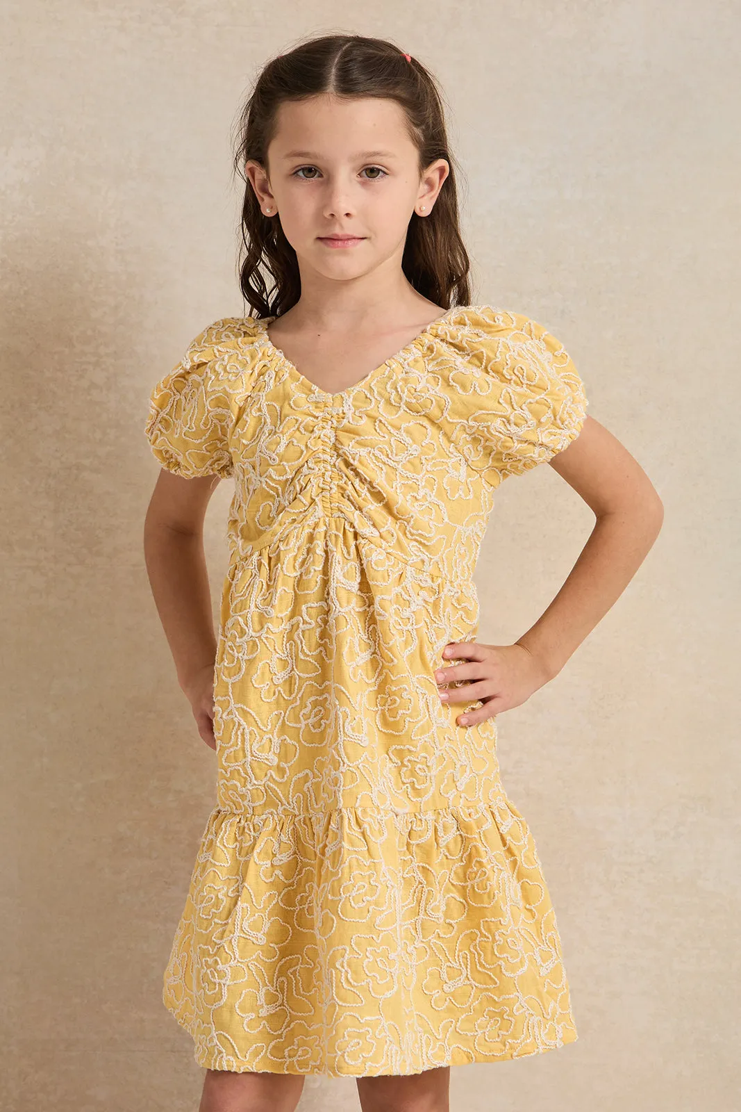 Girls Mustard Embroidered Dress