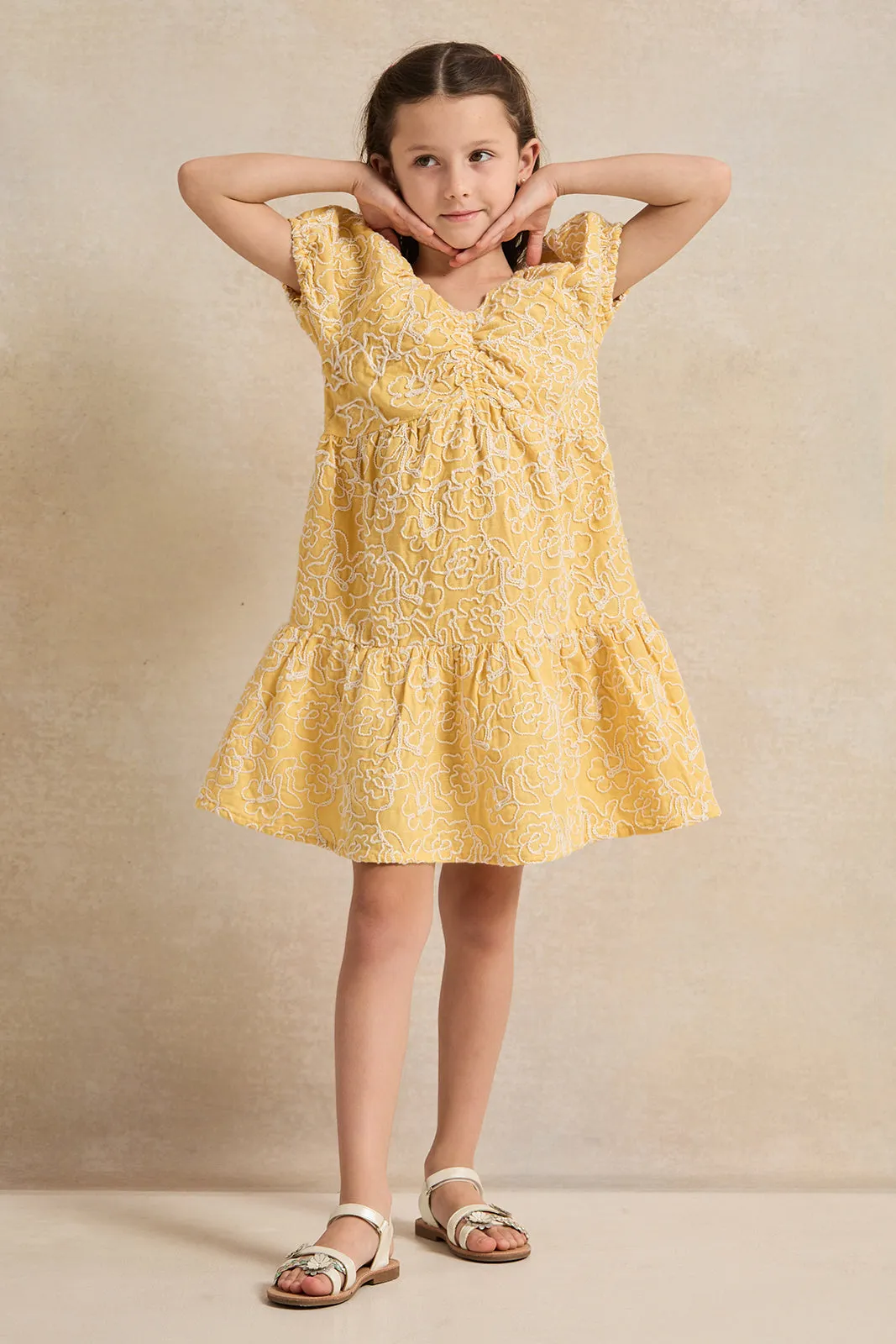 Girls Mustard Embroidered Dress