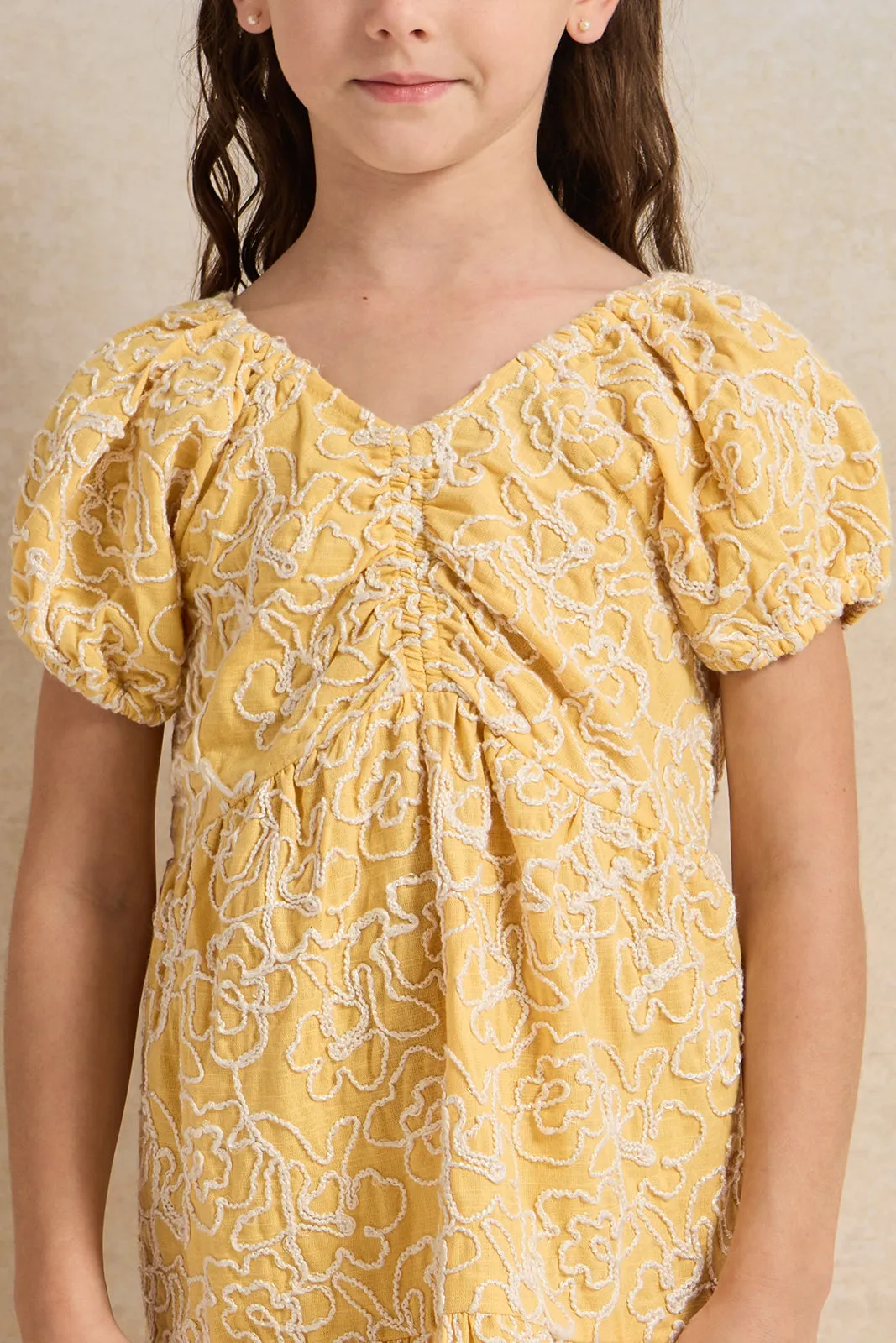 Girls Mustard Embroidered Dress