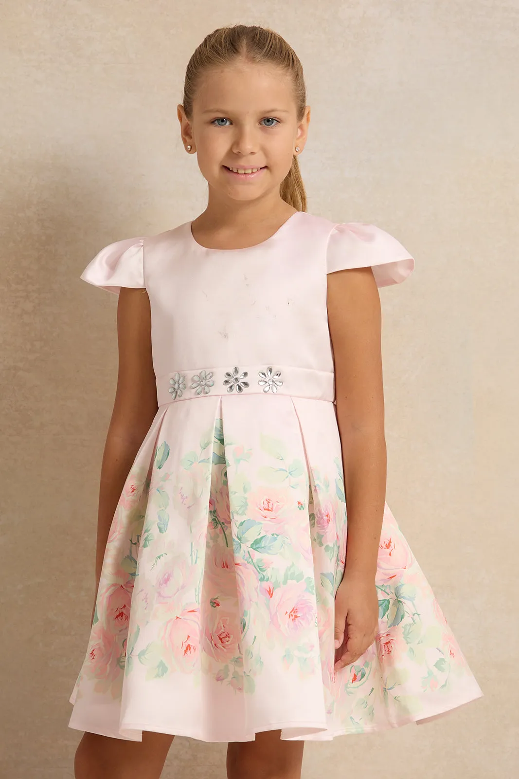 Girls Pink Rose Placement Pleated Satin Dress