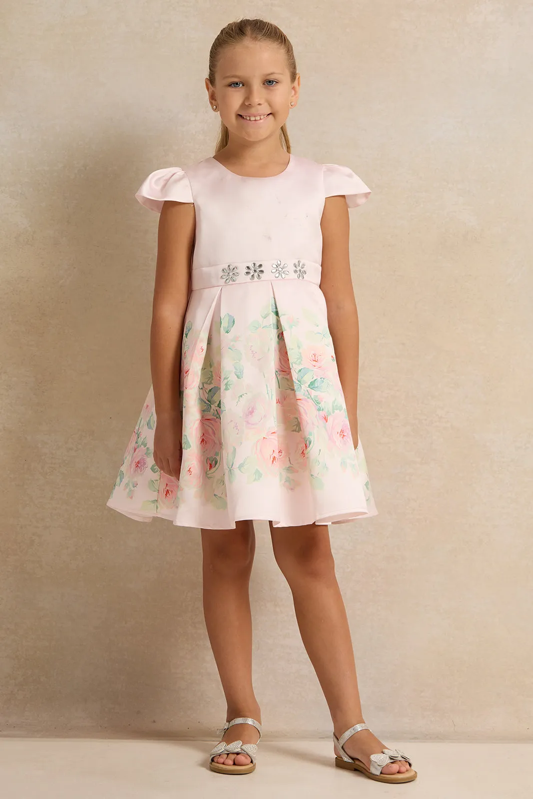 Girls Pink Rose Placement Pleated Satin Dress