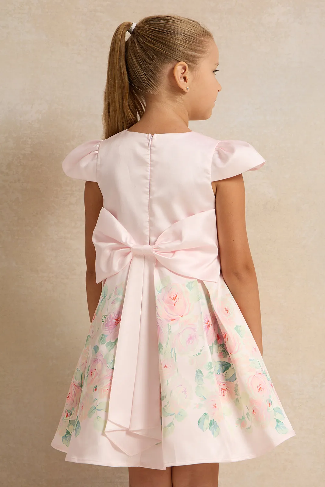 Girls Pink Rose Placement Pleated Satin Dress