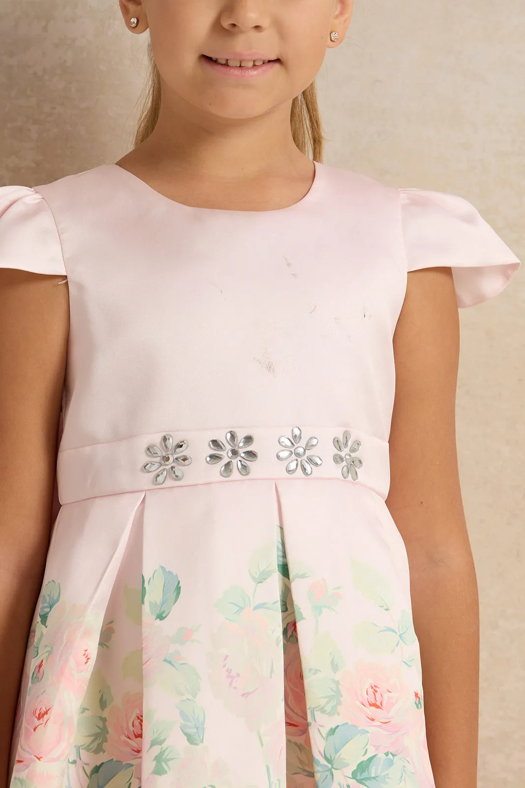 Girls Pink Rose Placement Pleated Satin Dress