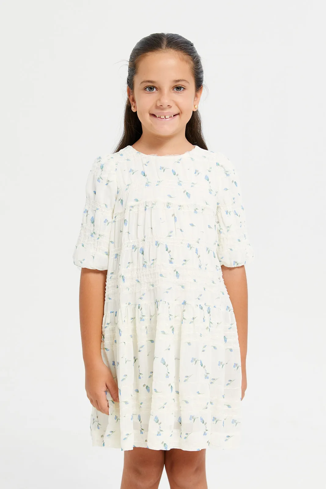 Girls White And Green Embroidered Chiffon Dress (Wrong Image)