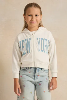 Girls White New York Printed Hooded Sweatshirt