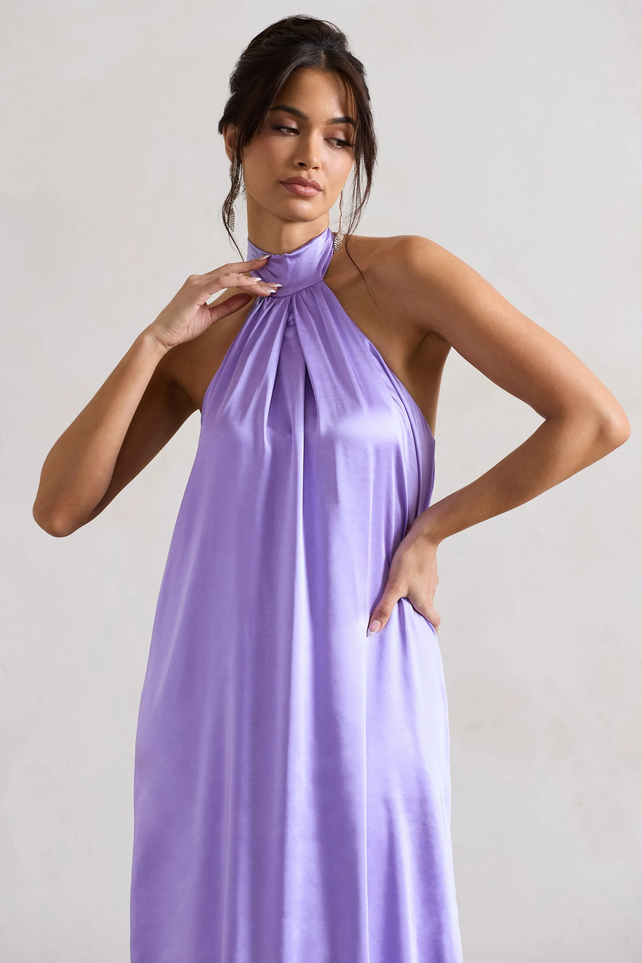 Gloriana Lilac Satin Maxi Dress with High Neck