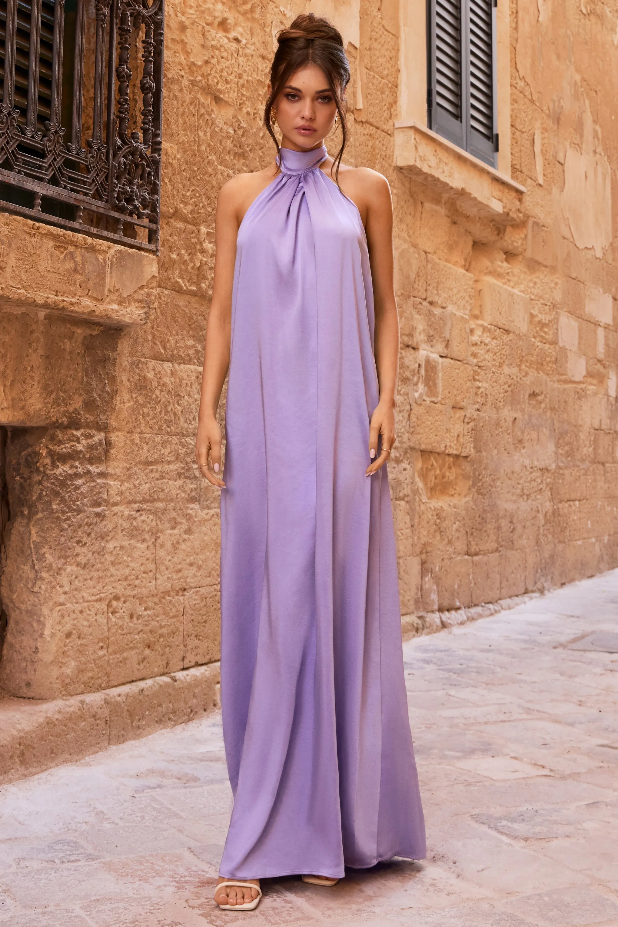 Gloriana Lilac Satin Maxi Dress with High Neck