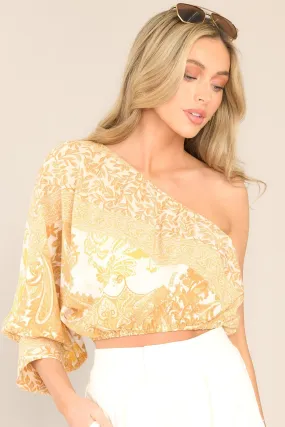 Glowing Girl Mustard Print One Shoulder Cropped Top