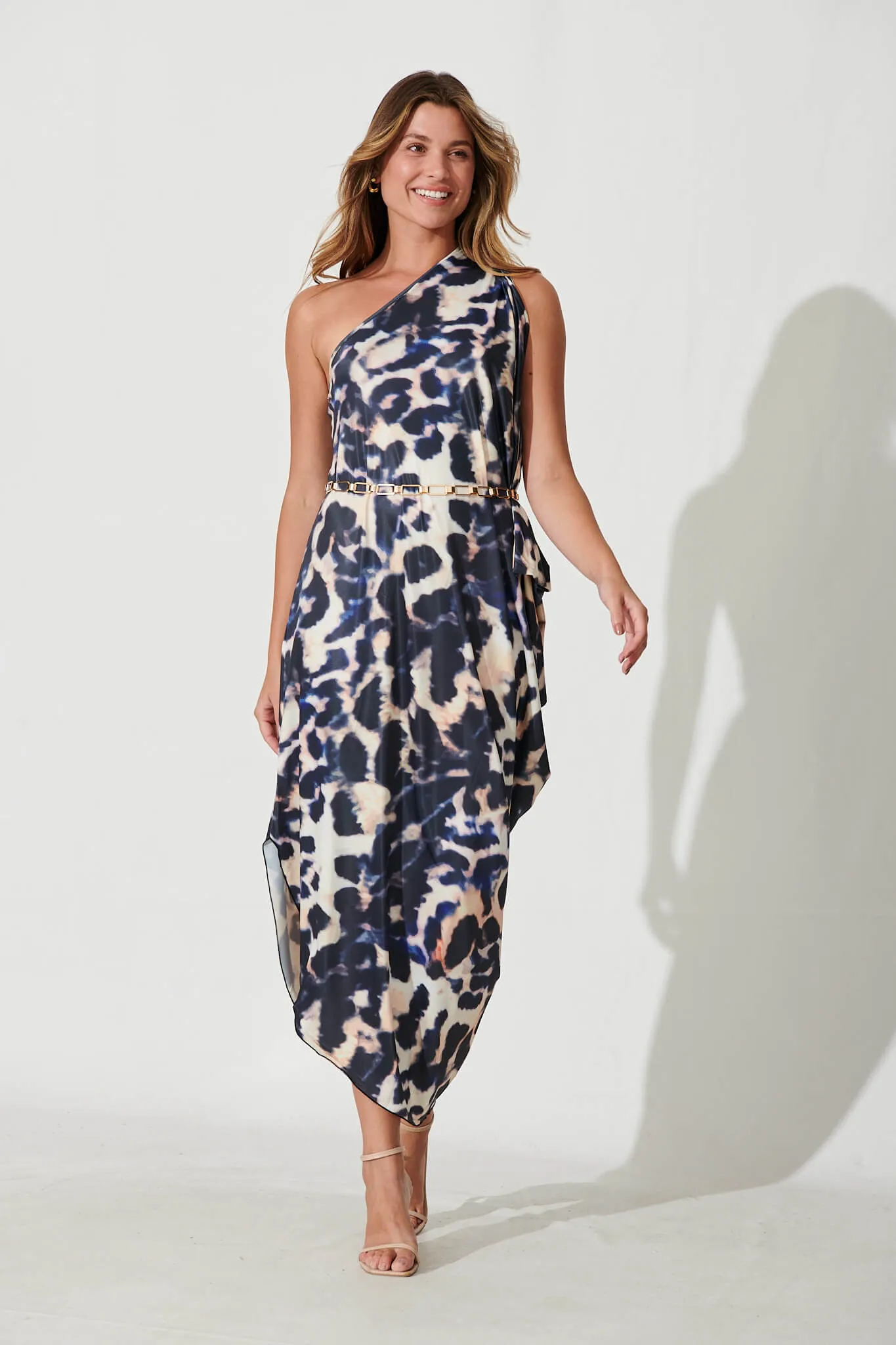 Goddess One Shoulder Maxi Dress In Navy And White Print