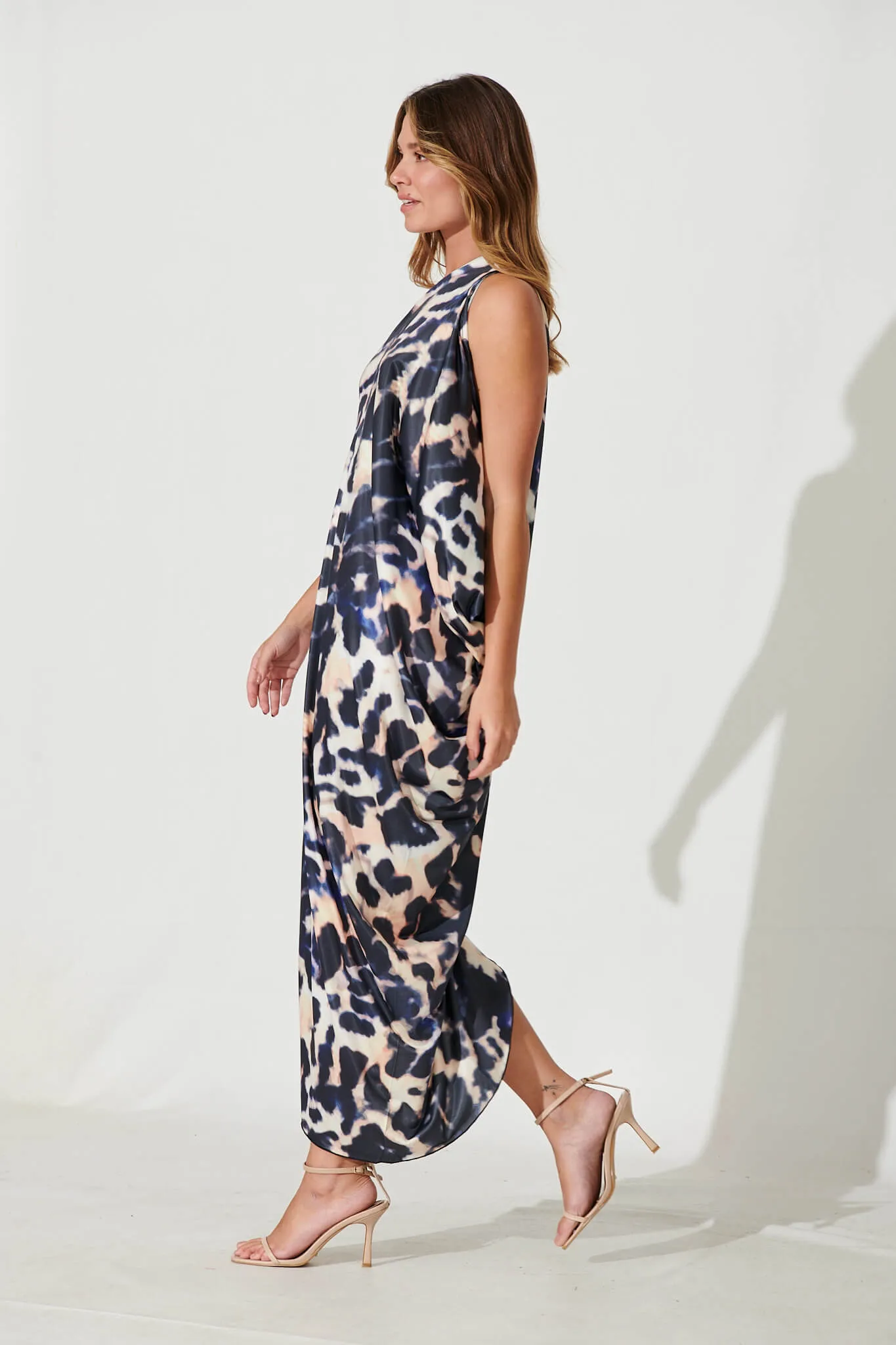 Goddess One Shoulder Maxi Dress In Navy And White Print