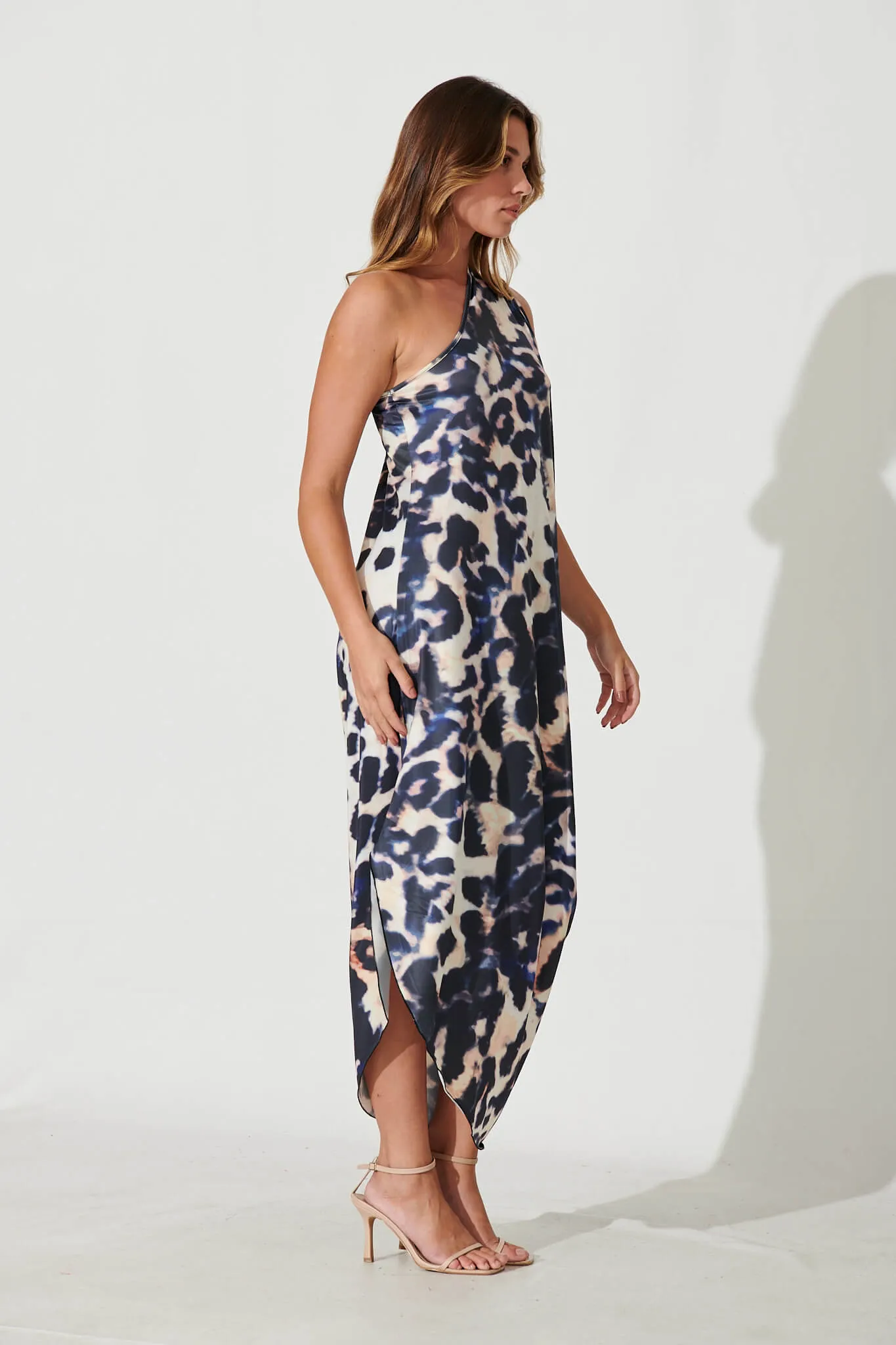 Goddess One Shoulder Maxi Dress In Navy And White Print