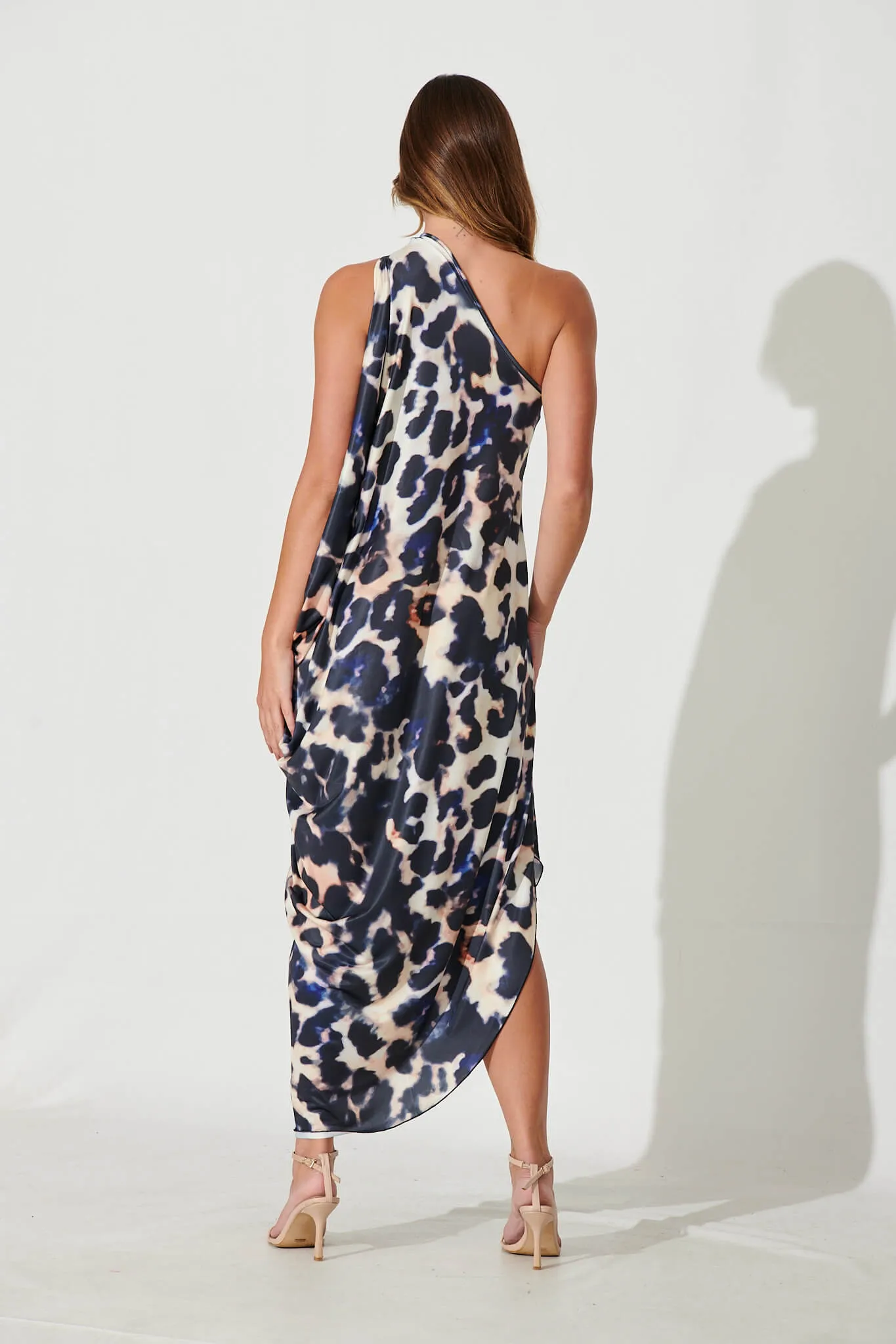 Goddess One Shoulder Maxi Dress In Navy And White Print