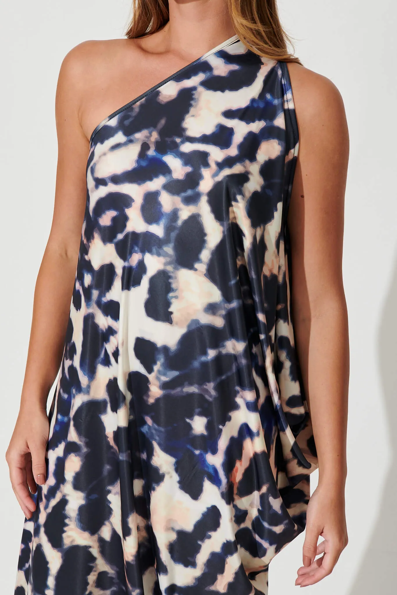 Goddess One Shoulder Maxi Dress In Navy And White Print