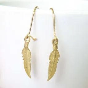 Gold Dangle Feather Earrings 14K Yellow Gold