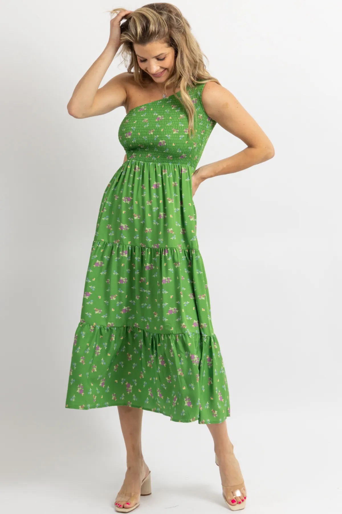 GREEN FLORAL PRINT ONE SHOULDER HOLLOW MIDI DRESS