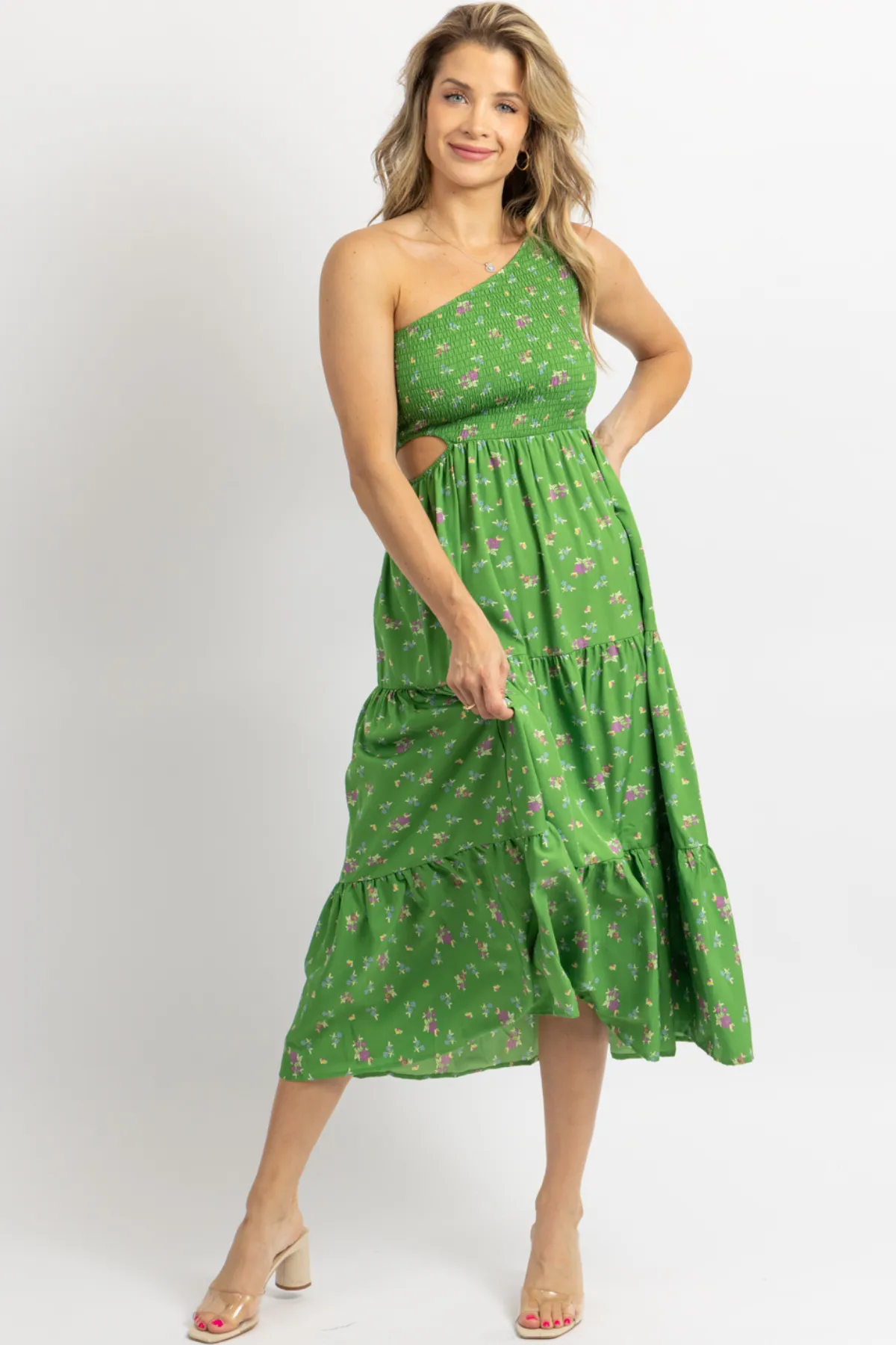 GREEN FLORAL PRINT ONE SHOULDER HOLLOW MIDI DRESS