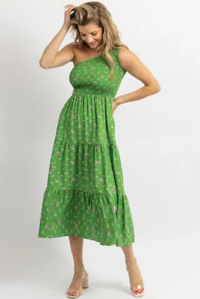 GREEN FLORAL PRINT ONE SHOULDER HOLLOW MIDI DRESS