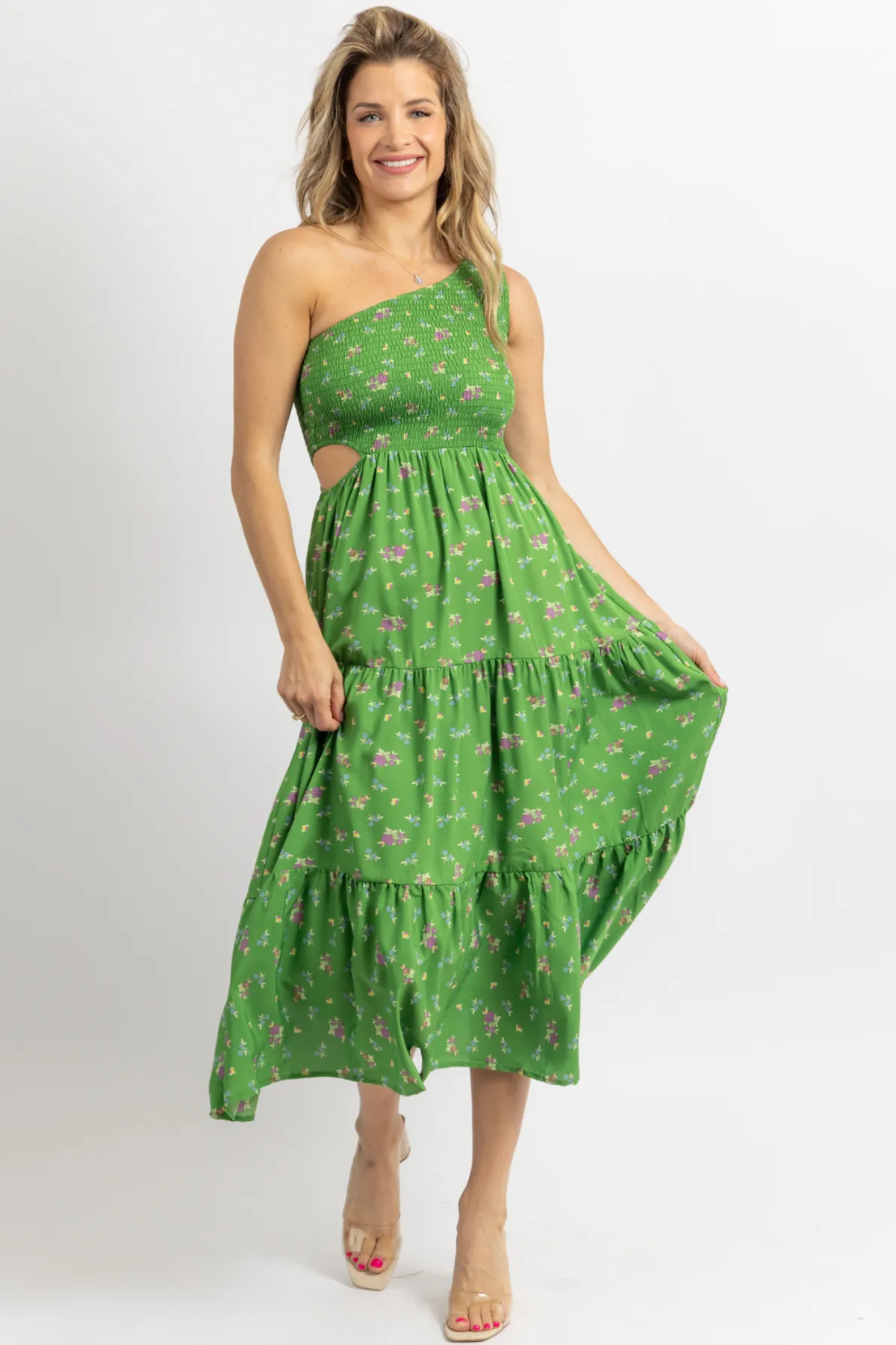 GREEN FLORAL PRINT ONE SHOULDER HOLLOW MIDI DRESS